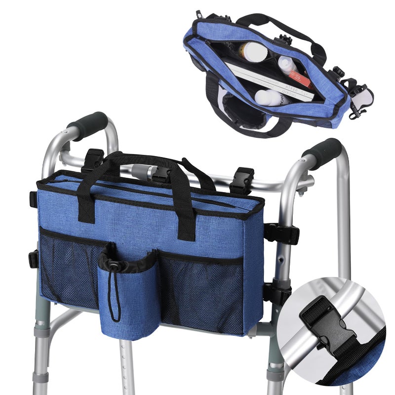 Walker Accessories for Folding Walker with Cup HolderPocket Organizer Carry Storage Pouch Bag Buckle Blue